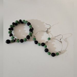 Hand Crafted Black and Green Beaded Jewelry Set Wrapped Bracelet Hoop Earrings